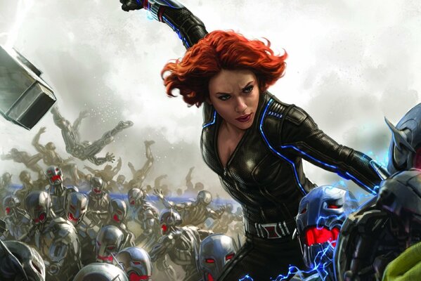 Scarlett Johansson w walce z robotami w filmie Avengers