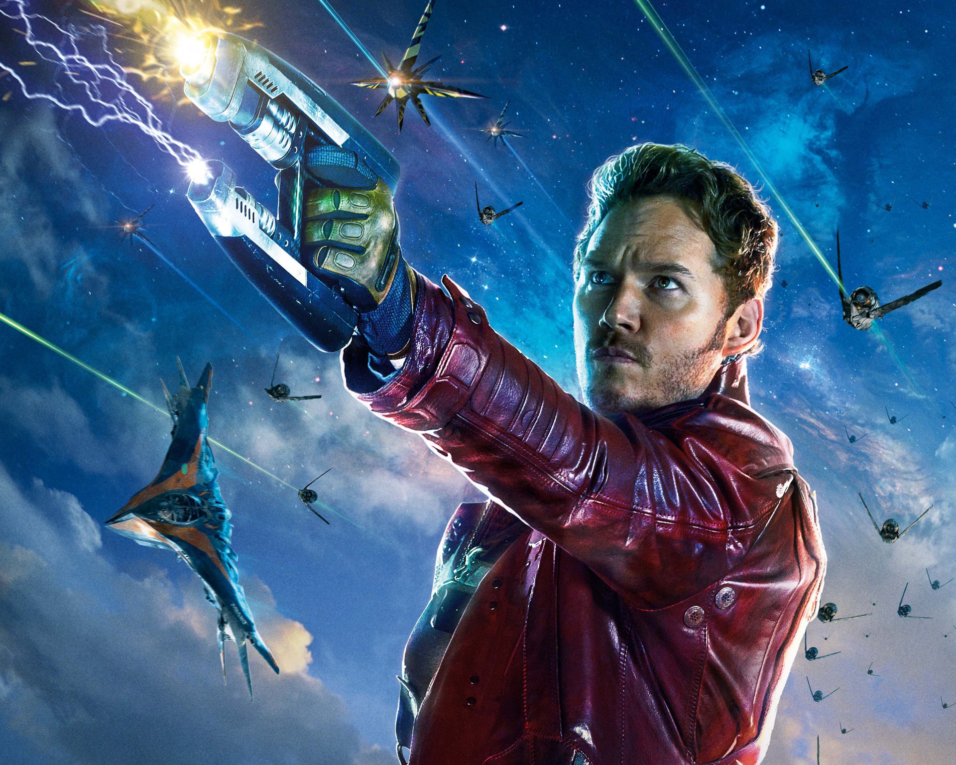 wächter der galaxie film film 2014 chris pratt peter quill star lord marvel helden held laser barbaren kämpfer mann situation waffen pistolen raum himmel wolken flugzeuge kampf planet schlachtschiff hd hintergrundbilder