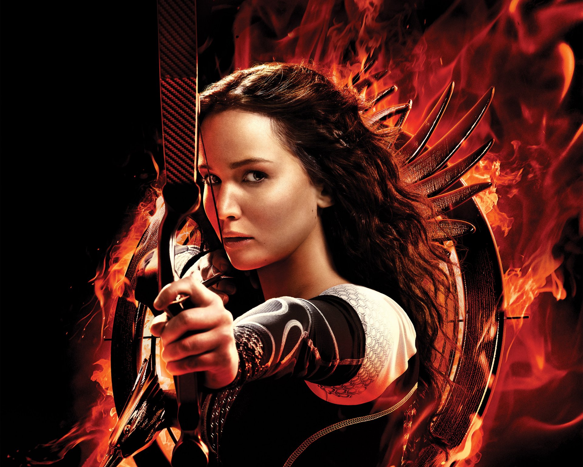 les jeux de la faim les flammes éclatent les jeux de la faim 2 2013 cinéma films film action aventure science-fiction thrillers fantasy jennifer lawrence katniss everdeen lionsgate femme fille noir fond rock arc flèche arme