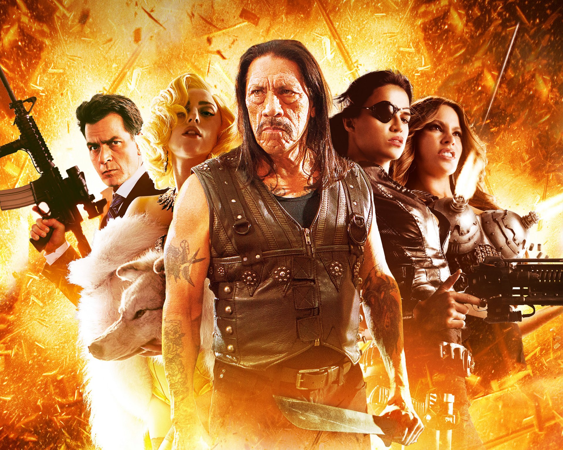 machette tue film film action aventure crime thrillers danny trejo lady gaga michelle rodriguez shé charlie sheen madame desdémone hommes femme filles lumineux arme feu arrière-plan