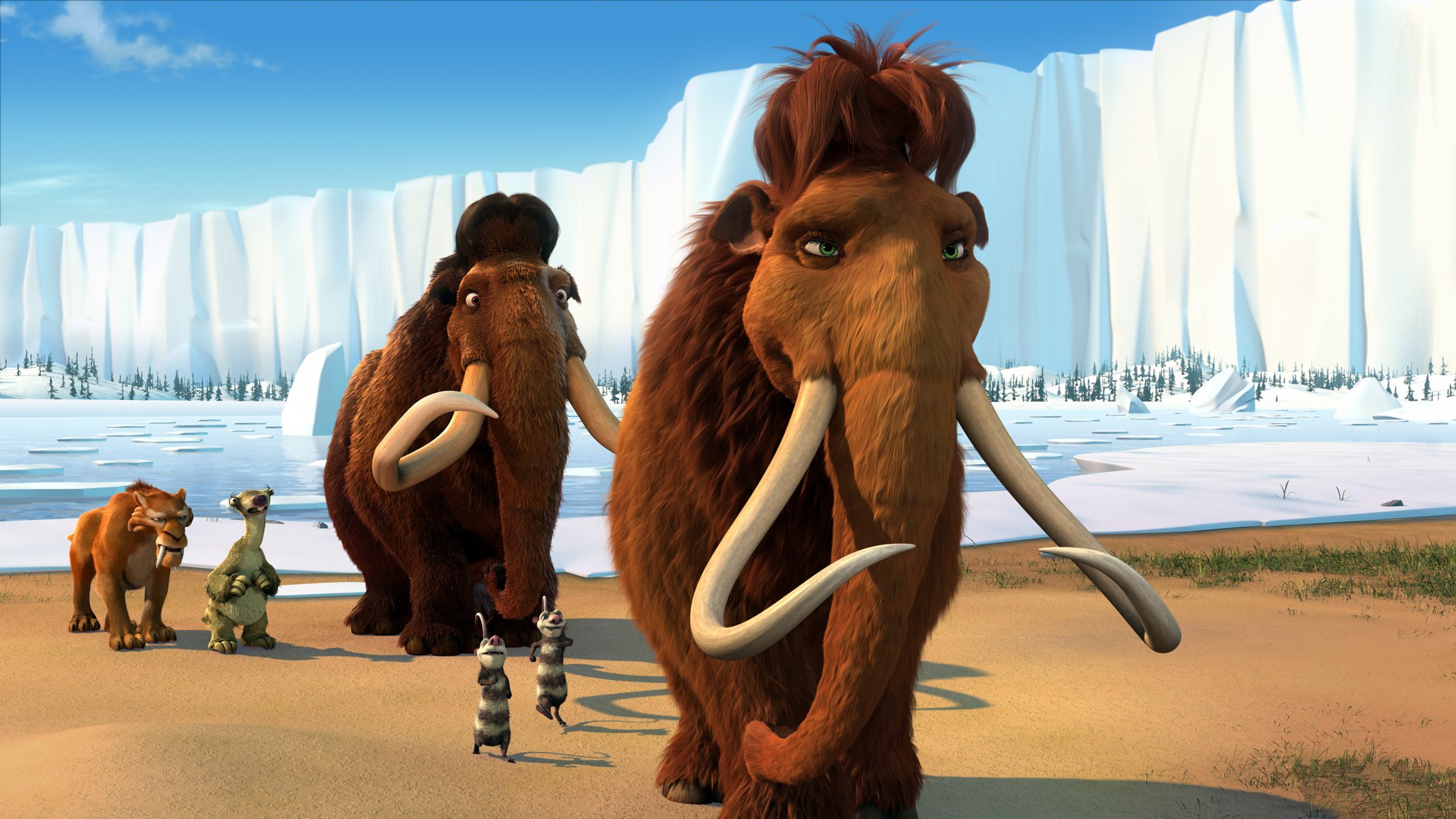 cartoon cartoon ice age 2 ice age : global warming heroes characters mammoths manny and ellie possums crash and eddie sloth sid tiger diego hiking adventure