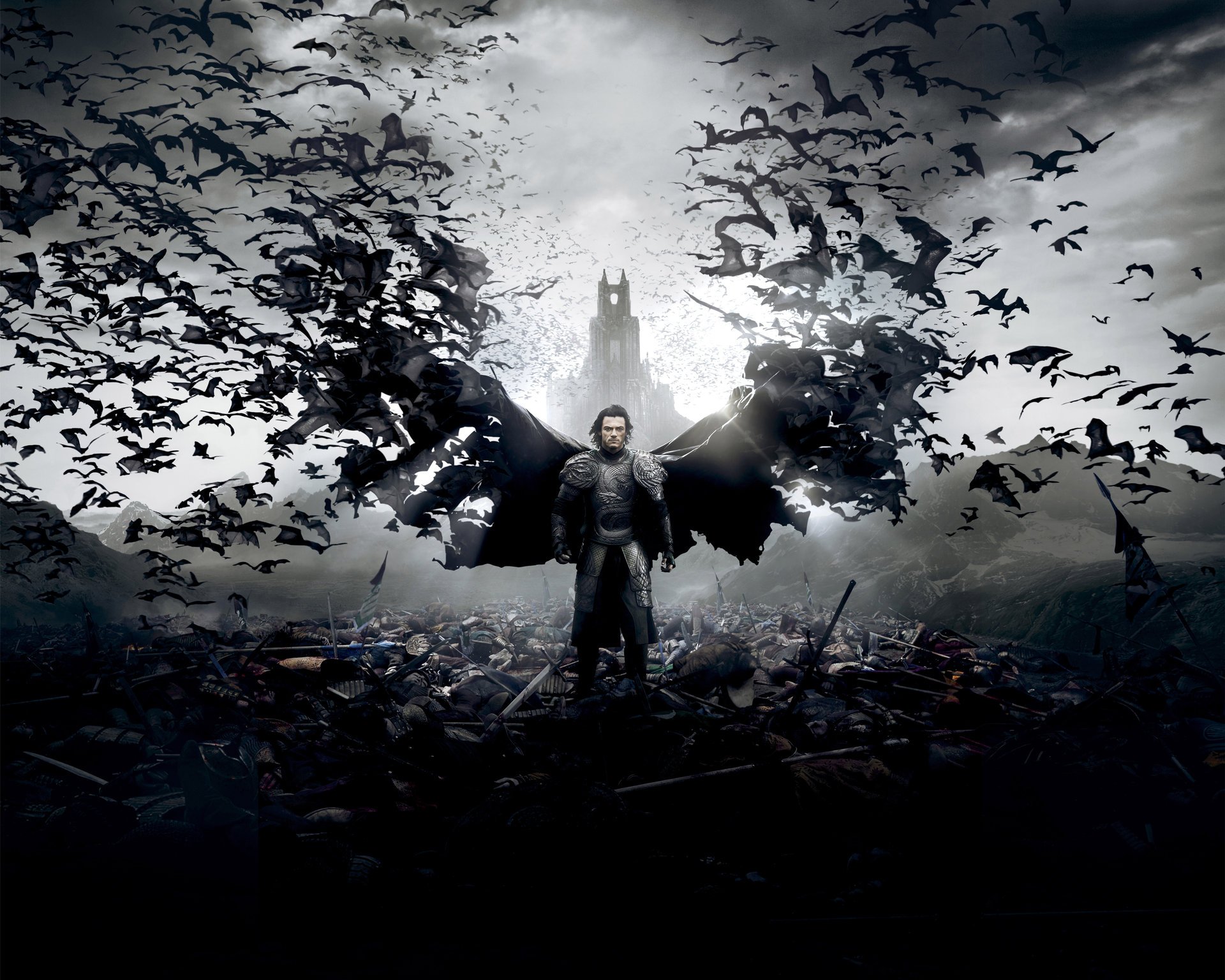 dracula untold dracula untold movie movie 2014 luke evans count vlad tepes action drama fantasy horror legendary photos universal pictures man vampire armor sword weapon bats cloak wings battlefield deceased corpses castle palace sky clouds