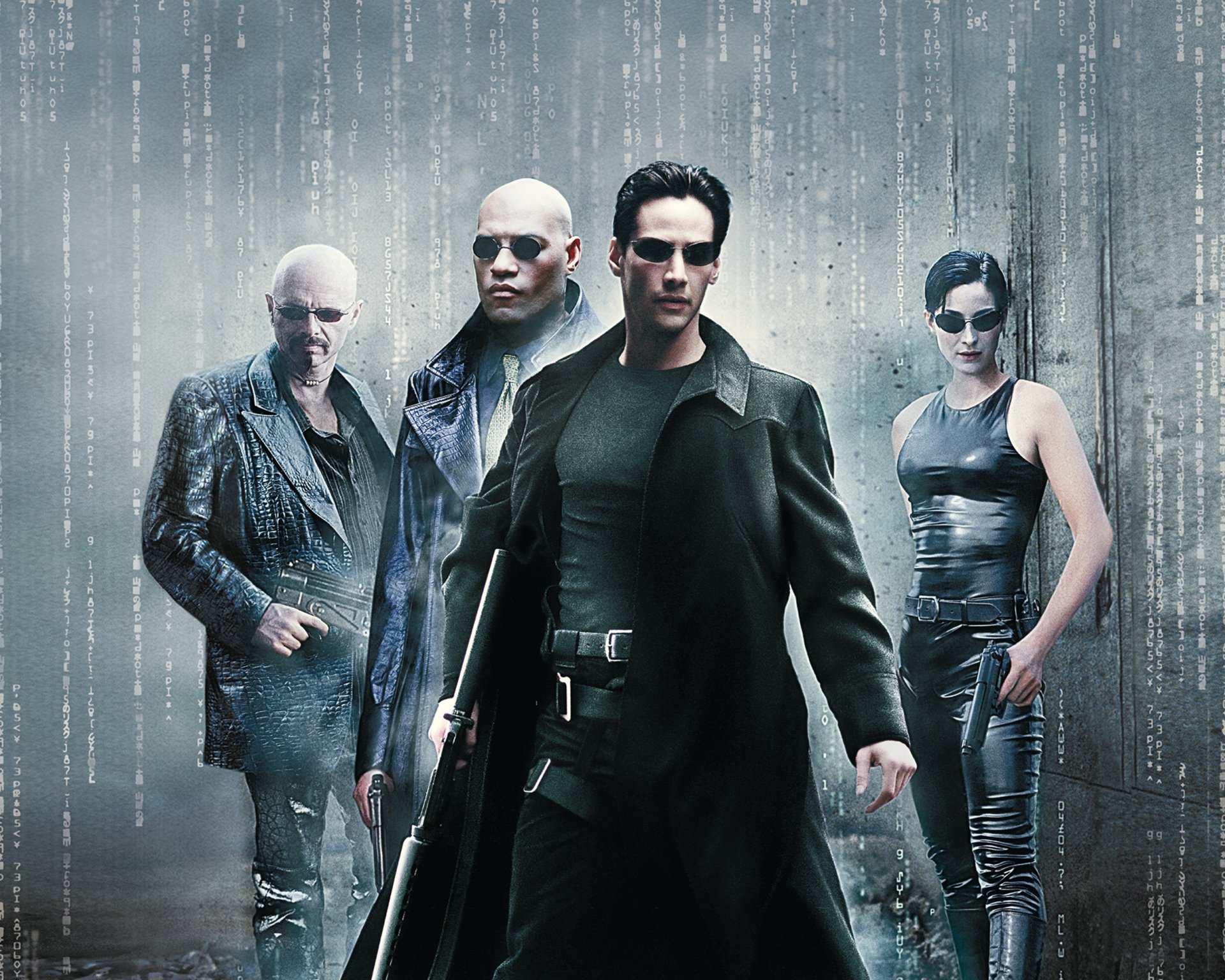 the matrix movie film keanu reeves neo tom anderson laurence fishburne morpheus carrie-anne moss trinity joe pantoliano cypher action sci-fi fantasy hackers fighters guns pistols glassess superhuman supernatural powers hd wallpaper