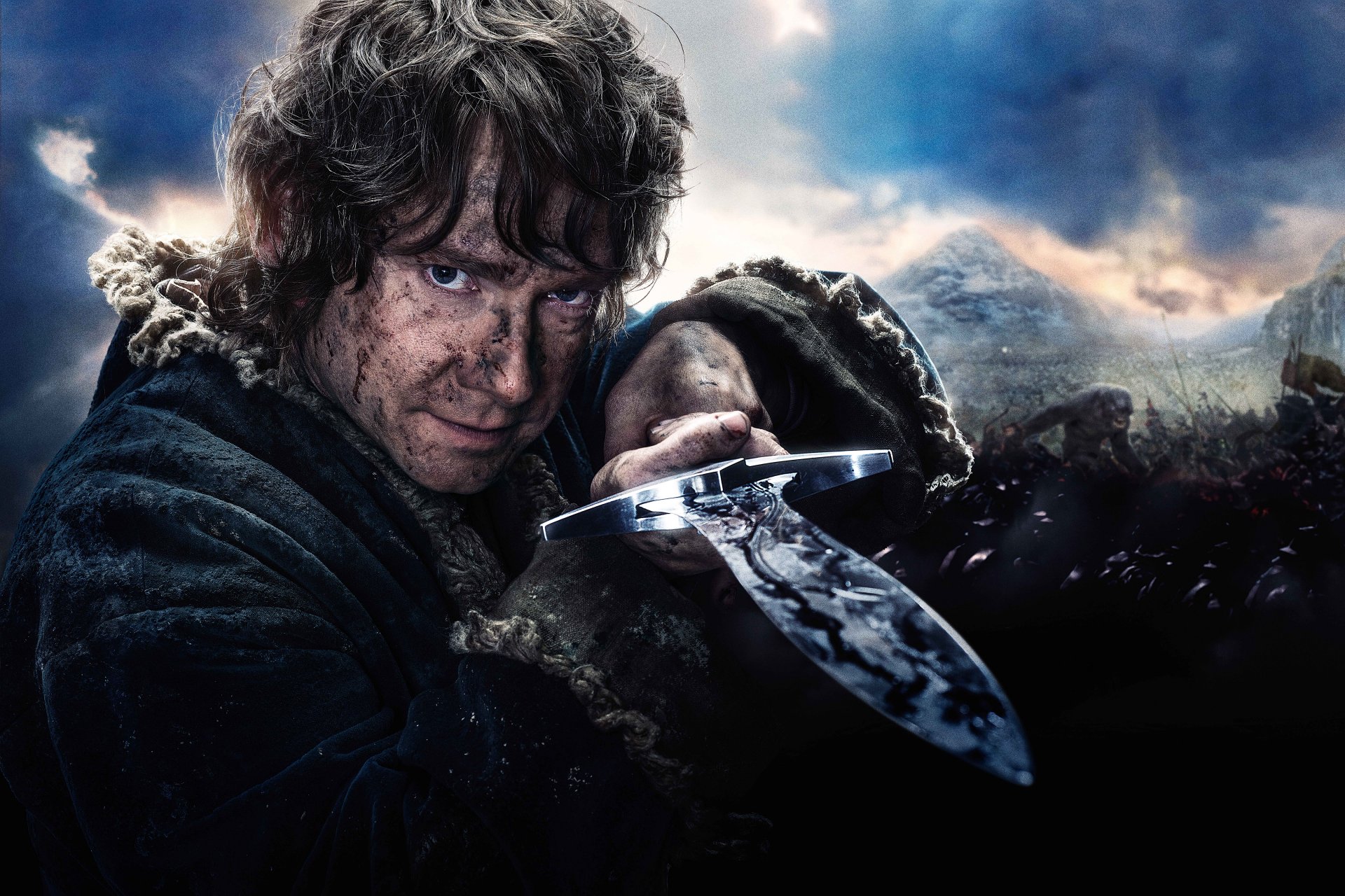 der hobbit: die schlacht der fünf heere der hobbit 3 der hobbit wir bezeichnen die schlacht von fünf armeen film film 2014 martin freeman bilbo beutlin new line cinema metro-goldwin-mayer mgm warner brothers picchors abenteuer fantasy mensch waffe schwert feind armee burg mou