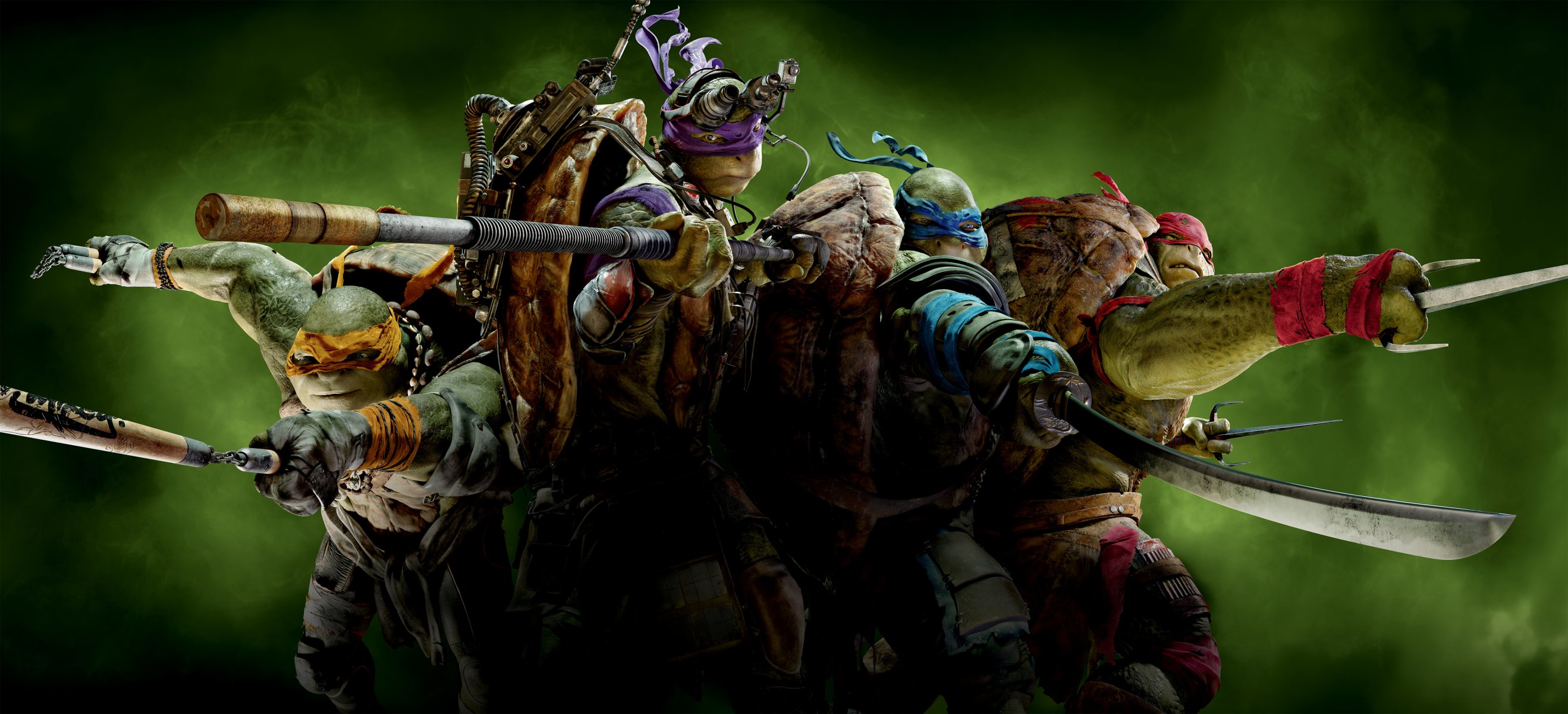 teenage mutant ninja turtles raphael michelangelo leonardo donatello masks weapon fiction background green smoke