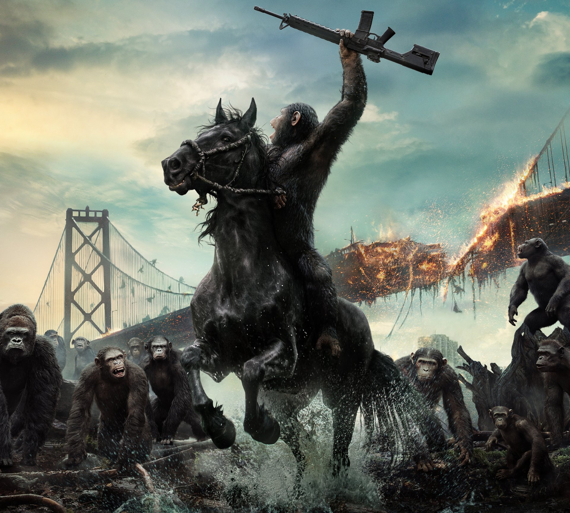 dawn of the planet of the apes movie movie 2014 andy serkis caesar monkey chimpanzee action drama sci-fi thrillers animals monkeys gorilla usa new york bridge sky cloud hd wallpaper