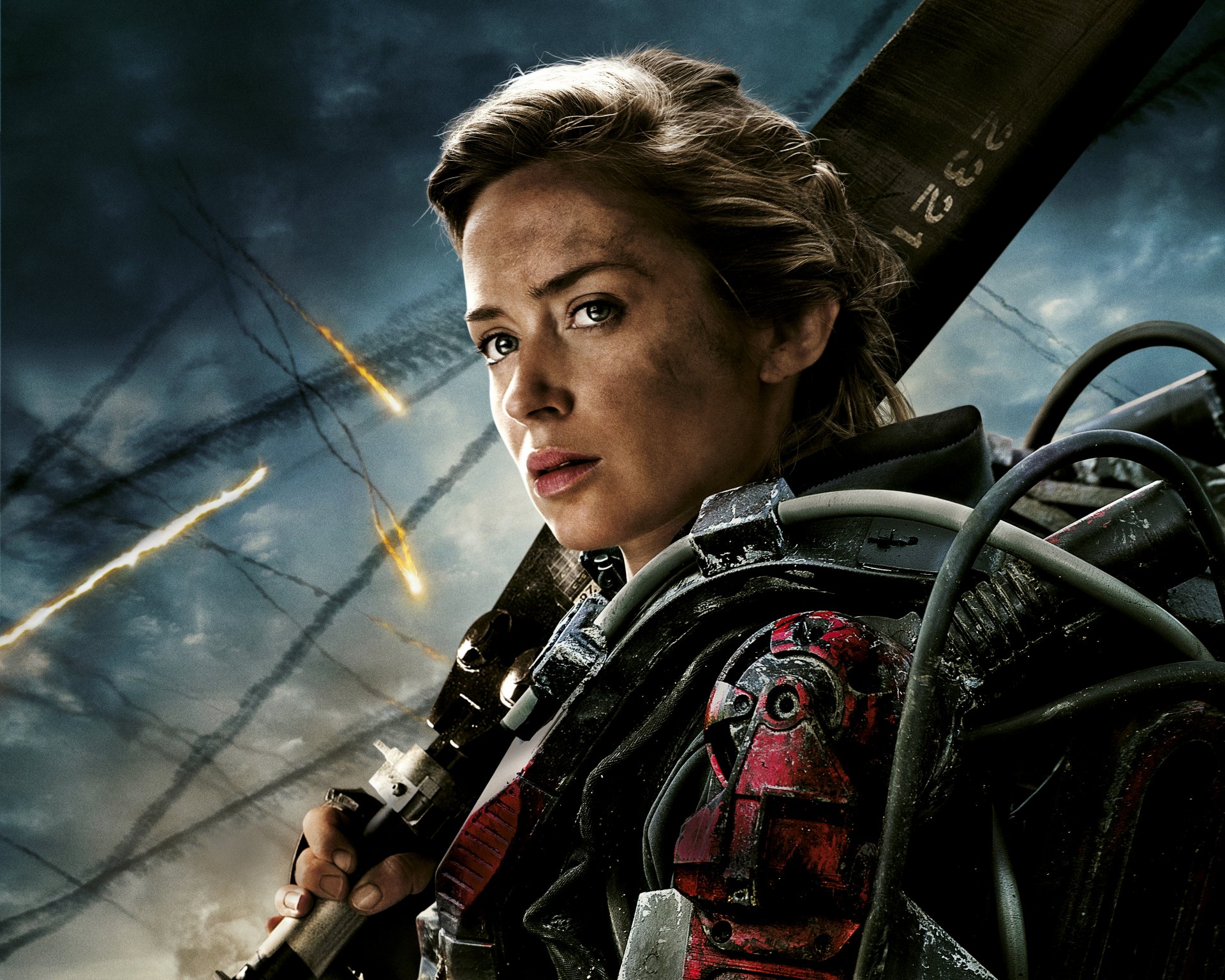 visage de l avenir srv film film 2014 emily blunt rita vrataski warner brothers picchers village roadshow pictures action aventure fantastique science-fiction femme fille visage armure arme épée obscurité fumée de feu bombardement ciel nuage hd fond d écran