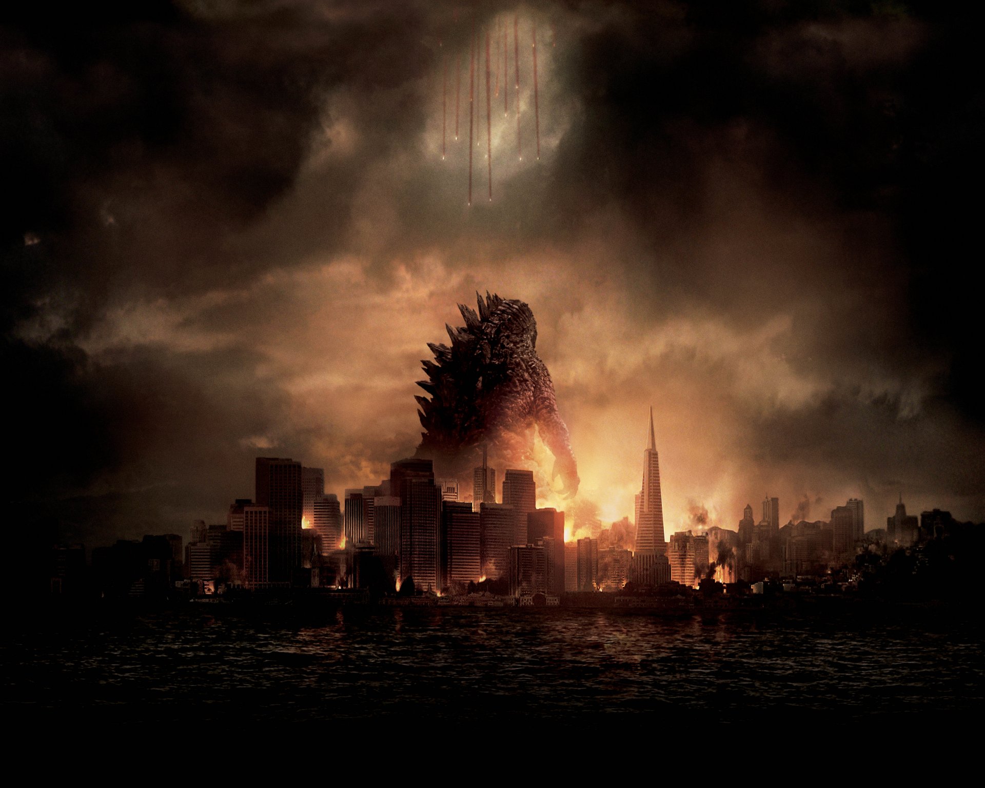 godzilla movie film 2014 action adventure fantasy sci-fi giant monster aaron taylor-johnson warner bros. pictures legendary pictures city water soldiers red line smoke cloud fly plane dark fire sun hd wallpaper