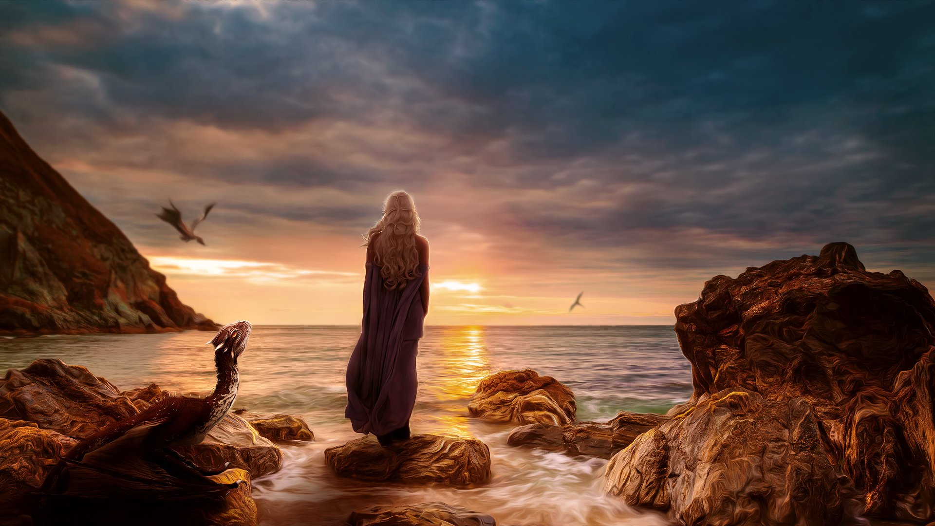 game of thrones daenerys targaryen mädchen drachen fliegen steine sonnenuntergang