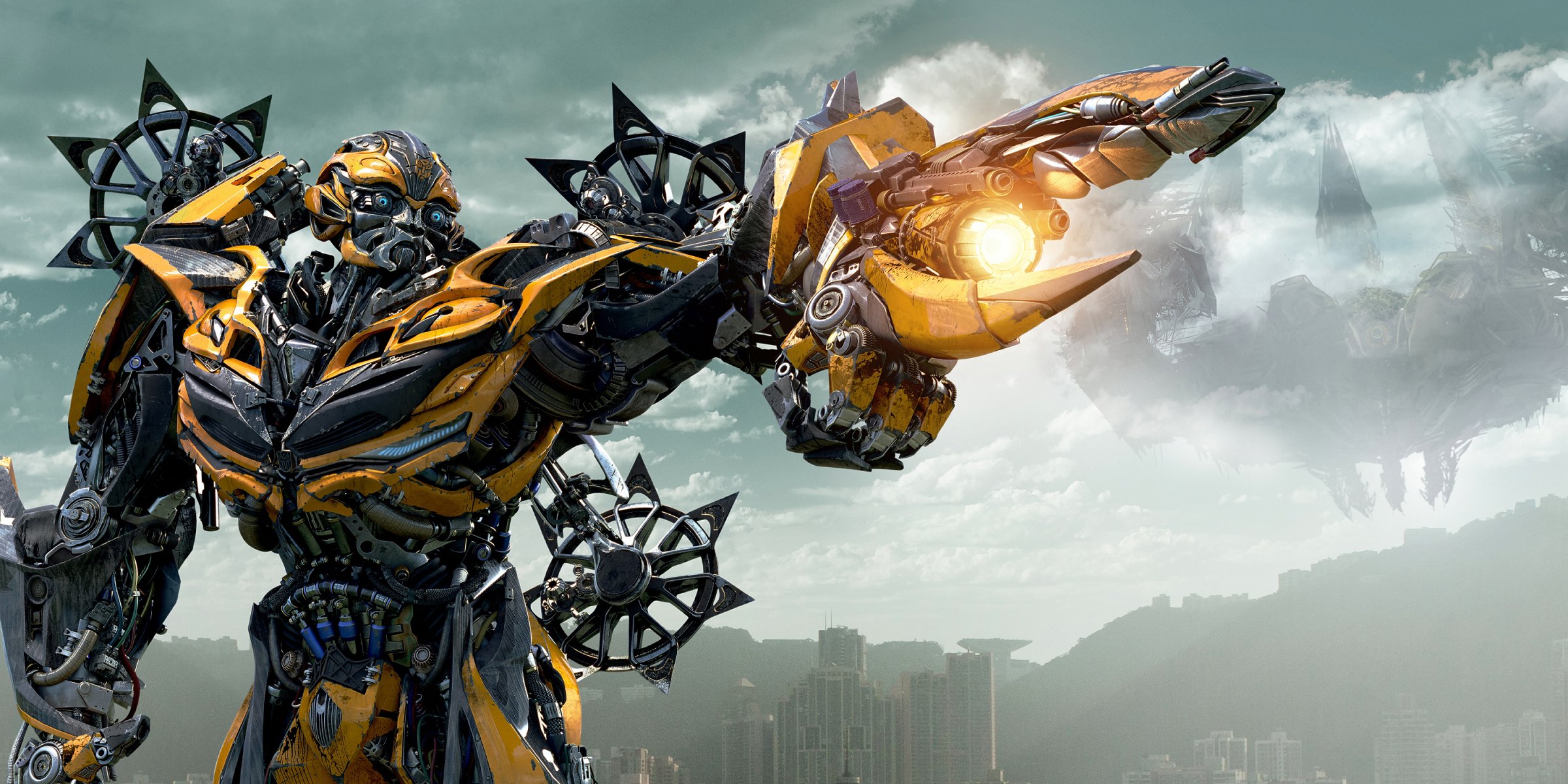 transformers: edad de extinción transformers: era de extinción autobot autobots bumblebee bumblebee amarillo armas cañón cuchillas ciudad casas cielo nubes metal michael bay