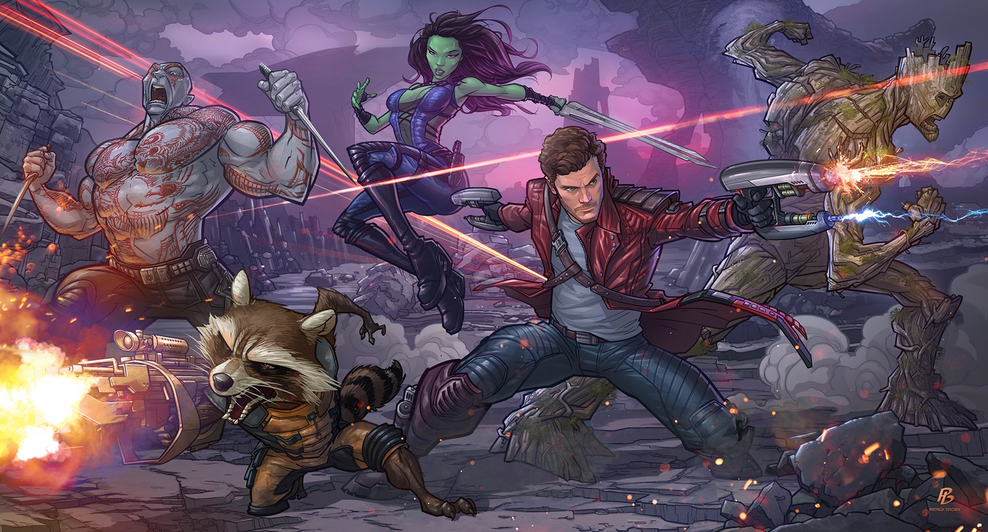 peter quill star-lord gamora arte lotta groot guardiani della galassia patrick brown patrickbrown razzo procione fumetti