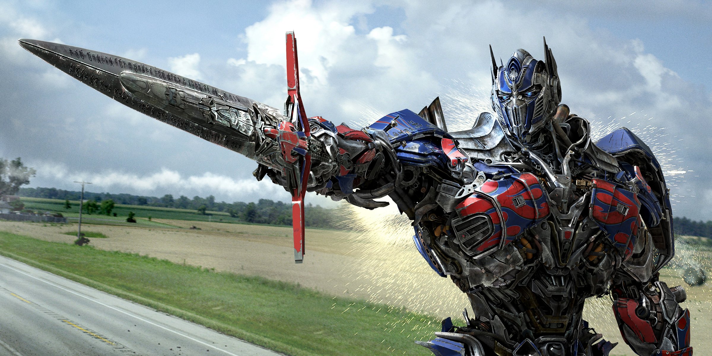 transformers : age of Extinction transformers: Age of Extinction Autobot optimus prime chapter weapon sword sparks sky field trees clouds iron road michael bay