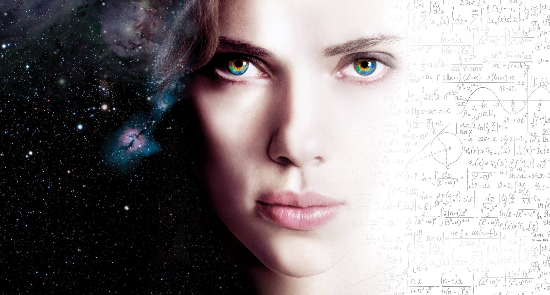 lucy scarlett johansson movie movie 2014 action sci-fi fantasy thrillers pretty girl nice face eyes lips space galacy stars formulas symbols abstraction hd wallpaper