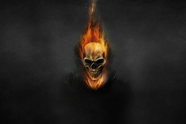 Art painting skull burning in fire