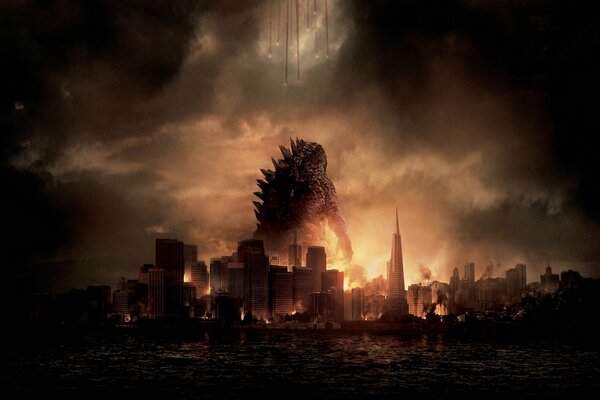 Monstre géant Godzilla en feu