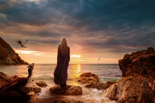 Game of Thrones le vol du dragon, daenerys Targaryen. Fille sur la pierre au coucher du soleil