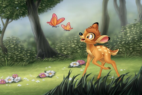 Lindo Bambi y mariposas en el bosque