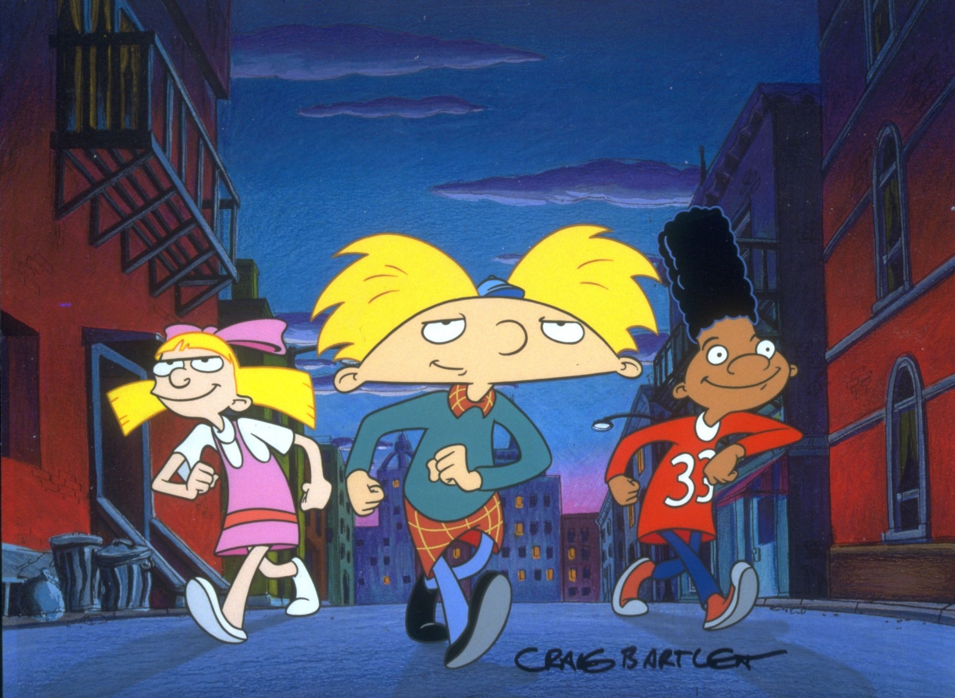 cartoon cartoon three hey arnold helga boys girl street houses gait children people