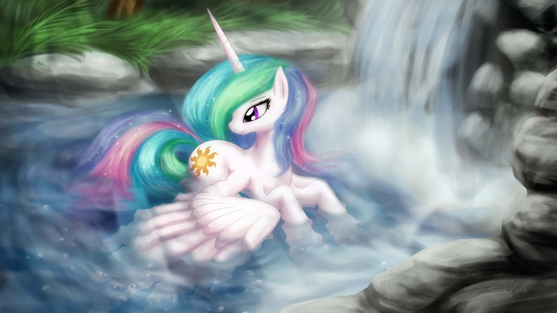 il mio piccolo pony pony celestia cartone animato arte nuoto acqua cascata ali principessa