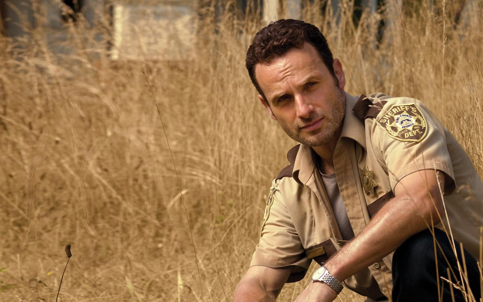 the walking dead the walking dead serial telewizyjny zombie rick grimes andrew lincoln trawa farma tło