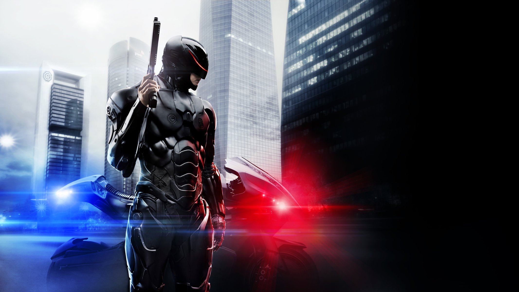 robocop robo cop movie movie 2014 kinnaman alex murphy sony pictures metro goldwyn mayer columbia pictures mgm action crime sci-fi thrillers police blue and red light siren motorcycle moto cyborg man boy black b