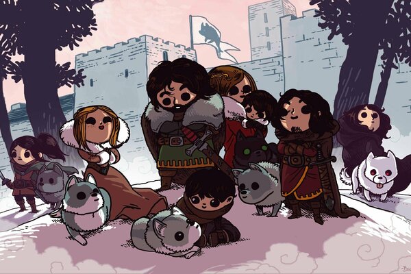Cartoon image of Jon Snow and direwolves