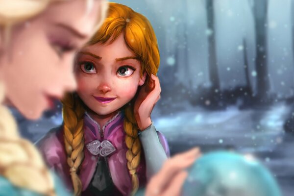 Девочка разговаривает с эльзой в зимнем лесу