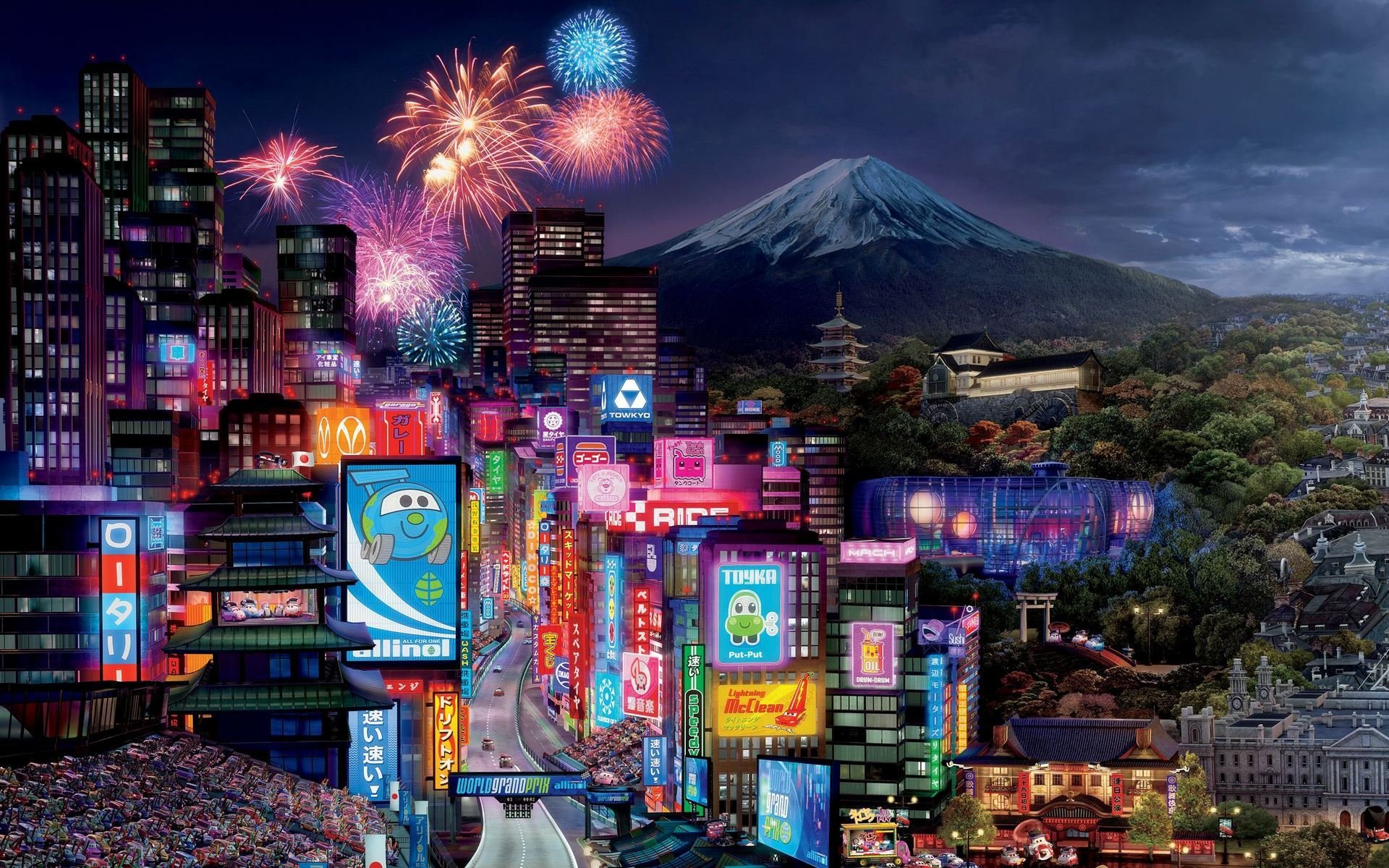 voitures 2 tokyo drift walt disney pixar film d animation sport sport mcqueen grand prix du monde voitures 2 tokyo drift dessin animé tokyo ville lumières bâtiments salut volcan fujiyama montagne course voitures piste grand prix du monde foudre mac