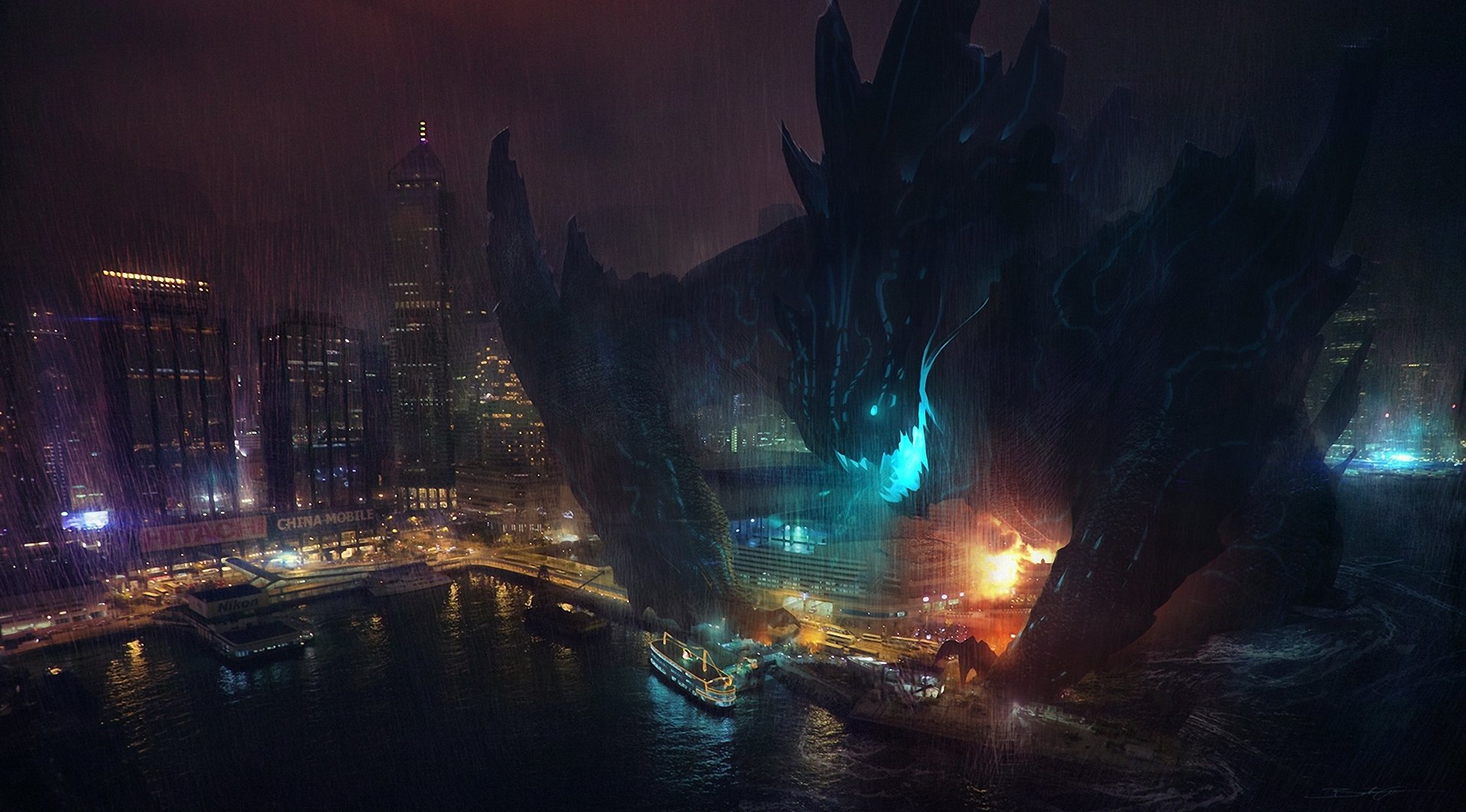 kunst pacific rim pacific rim kaiju monster stadt hafen schiffe zerstörung nacht