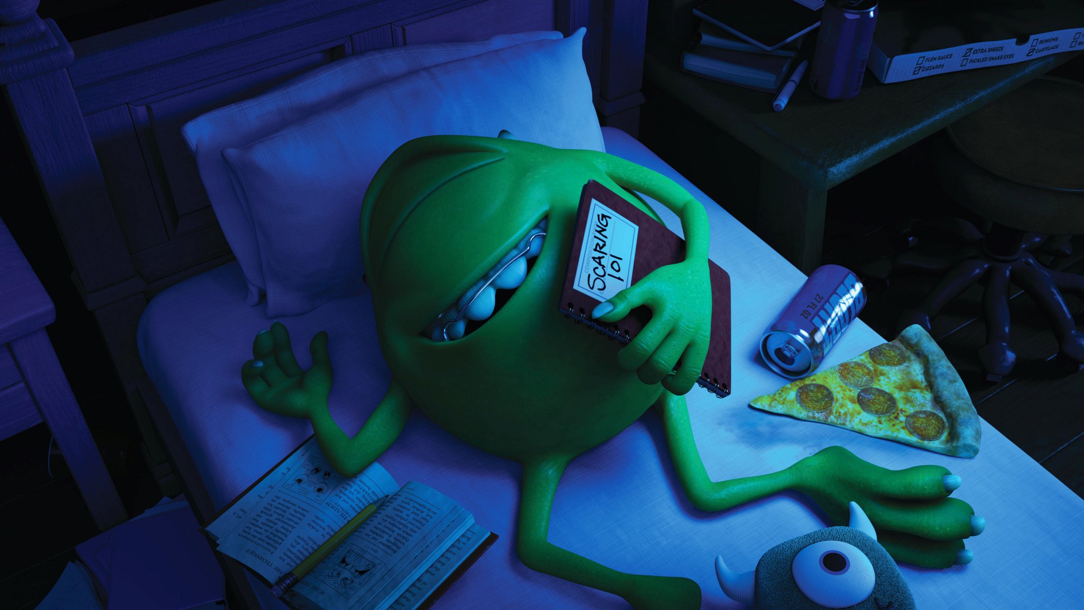 disney pixar monsters university monsters corporation monsters bed green blue one-eyed smile braces mike wazowski sleeping monster