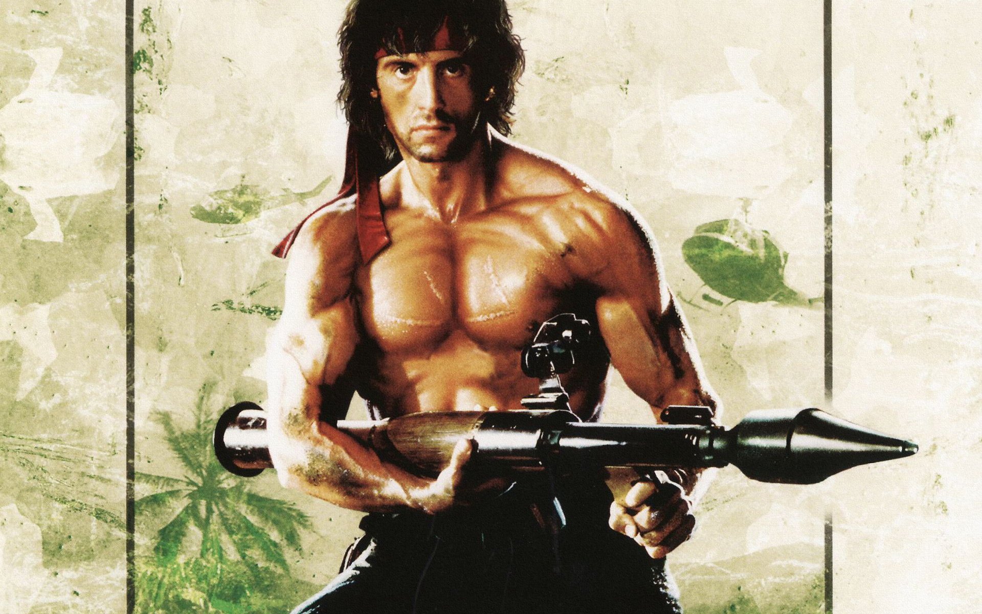 sylvester stallone lanzacohetes bazooka rambo helicópteros rayas