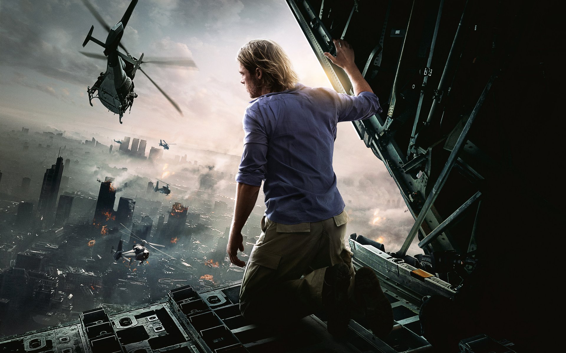 world war z war worlds z brad pitt town ruins fire helicopter