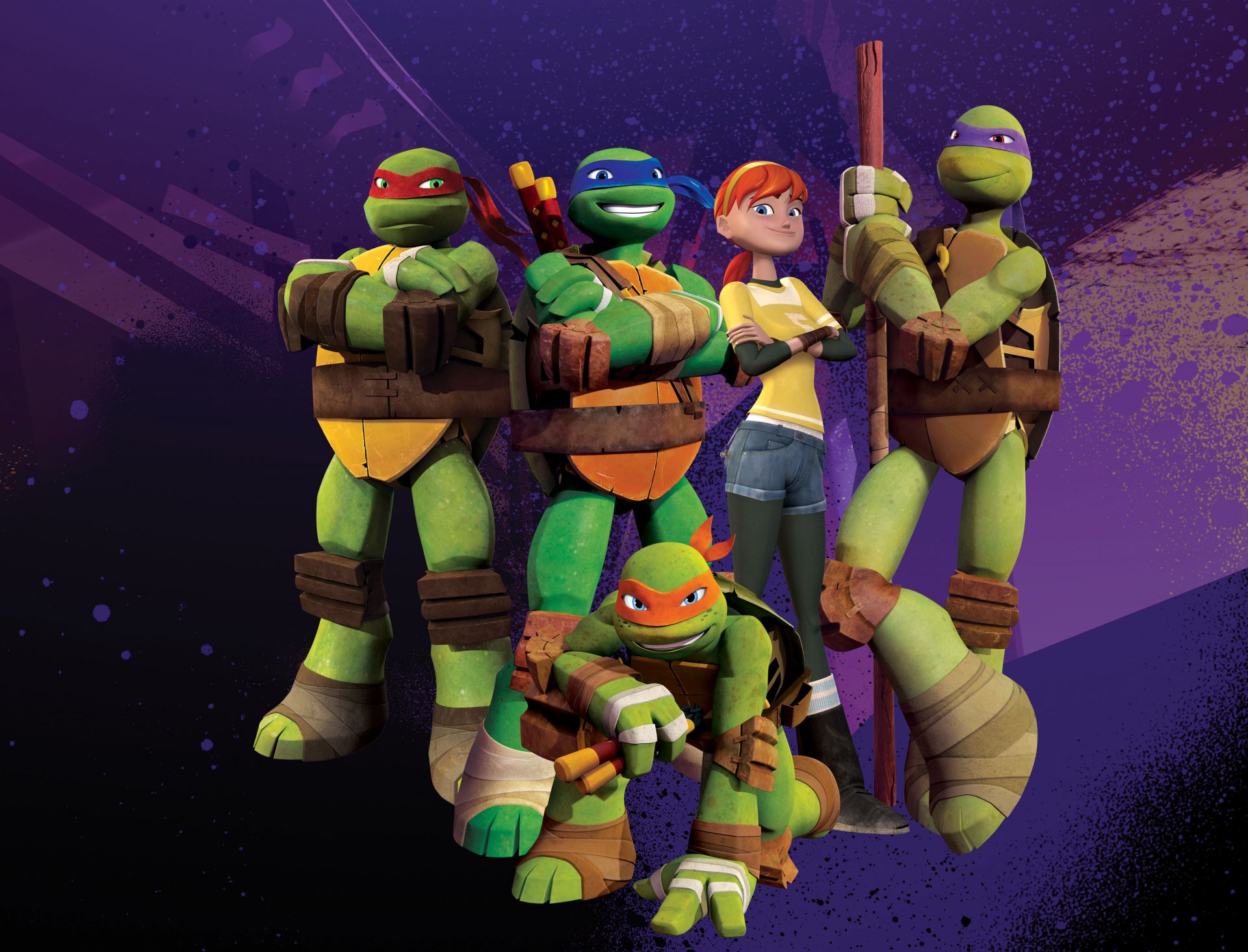 tmnt nickelodeon teenage mutant ninja turtles teenage mutant ninja turtles leonardo donatello miguel ángel rafael cgi animación nicktoon pose de grupo personajes armas verde dibujos animados 3d dibujos animados en 3d abril abril o neil tmnt 2012 serie de televisión