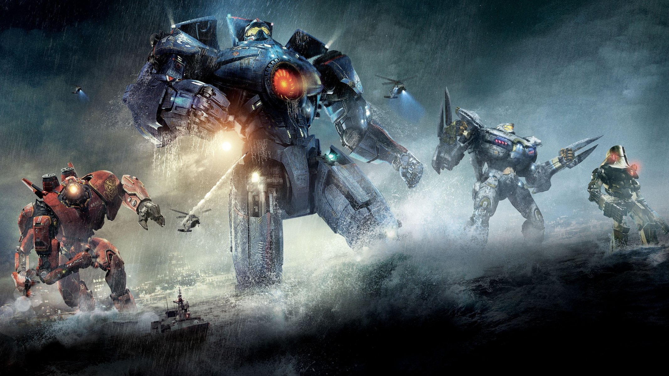 pacific rim pacific rim jaegers jaegers roboty helikoptery statek deszcz ocean