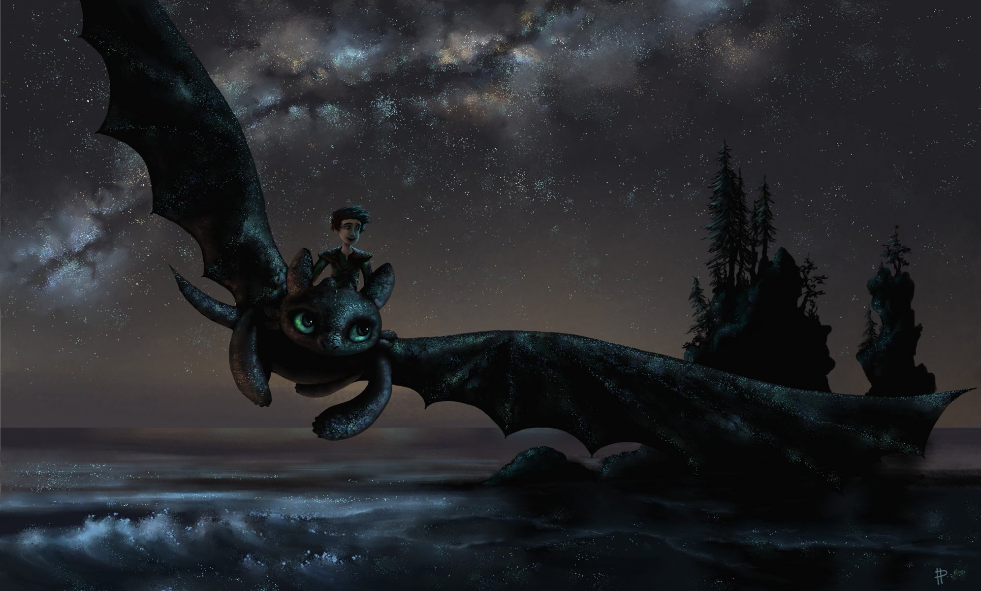 art rom-art dragon bezzubik guy mood happiness flight night sea tree how to train your dragon