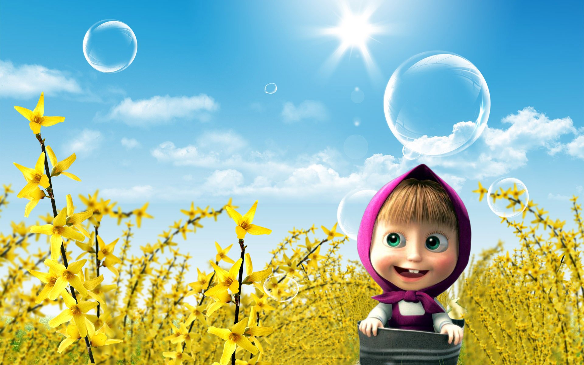 cartoon masha masha and the bear soap bubbles flower sky cloud