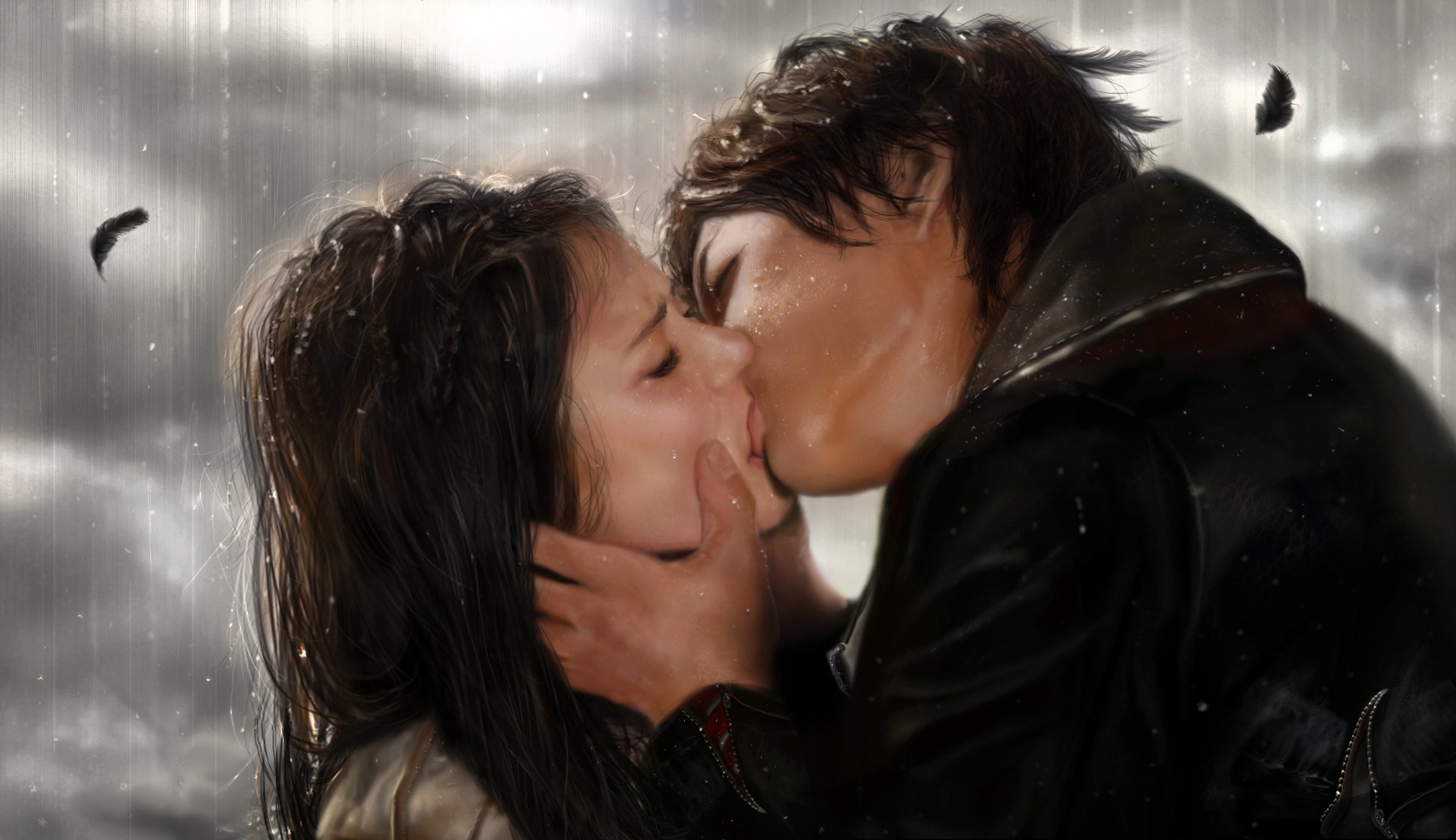 tv series love the vampire diaries damon elena kiss rain