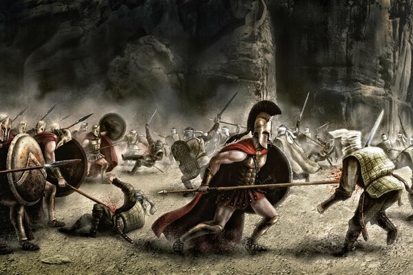 300 Spartans in the process of battle with weapons