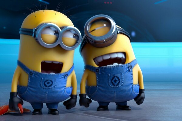 Two minions are laughing and one of them has a starfish in his hand