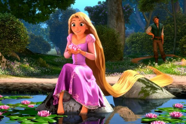 Rapunzel on the riverbank looks at a flower