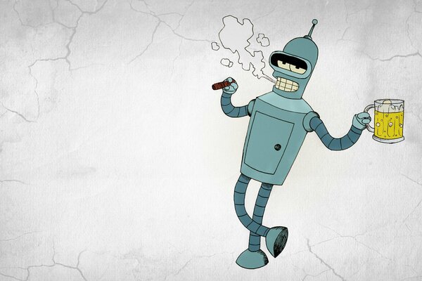 Futurama. Bender raucht mit Bier