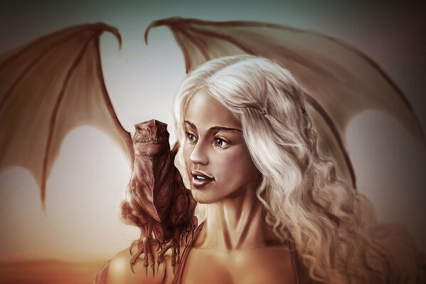 Daenerys Targaryen from Game of Thrones with a Dragon on his Shoulder