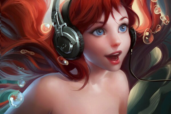La petite sirène Ariel dans les écouteurs autour des bulles