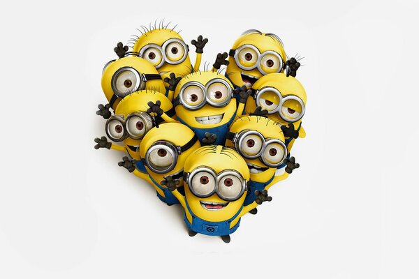 A group of minions standing in the shape of a heart