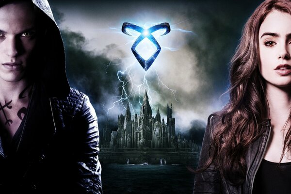 The film Shadowhunters. Shadowhunters:bone tools. Lily Collins Shadowhunters. Movie poster with lightning bolts and signs