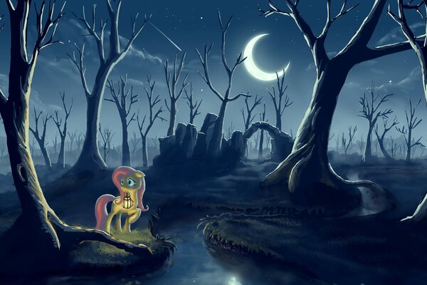 A bright pony from the cartoon in the black forest illuminated by the moon