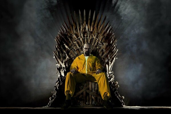 Bryan Branston in a chemical suit sits on the Iron throne