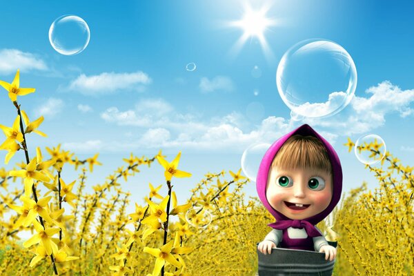 Masha from the cartoon in a thicket of yellow flowers on a background of blue sky and soap bubbles