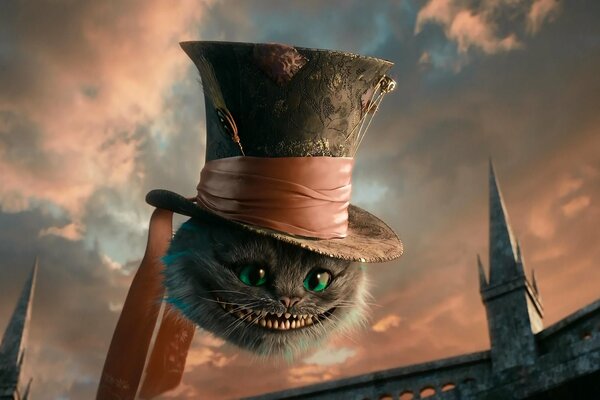 Tête de chat de Cheshire dans un chapeau d Alice au pays des merveilles