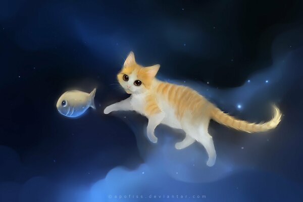 Drawing of a kitten and a fish on the sky background